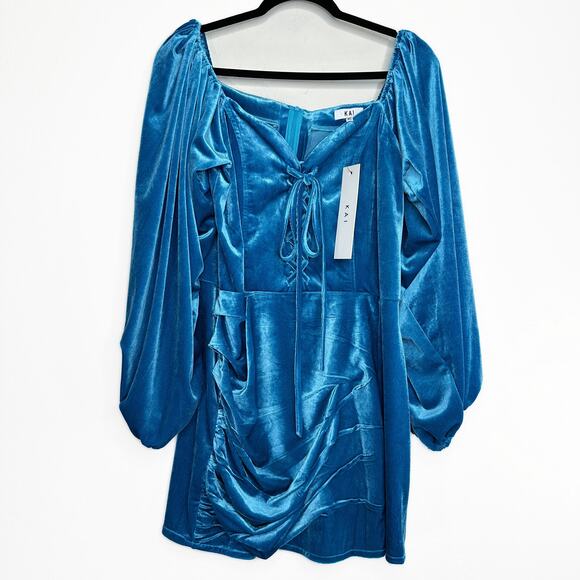 NWT KAI Collective Beebeeta Off Shoulder Turquoise Lace Up Velvet Mini Dress XL - Picture 3 of 16